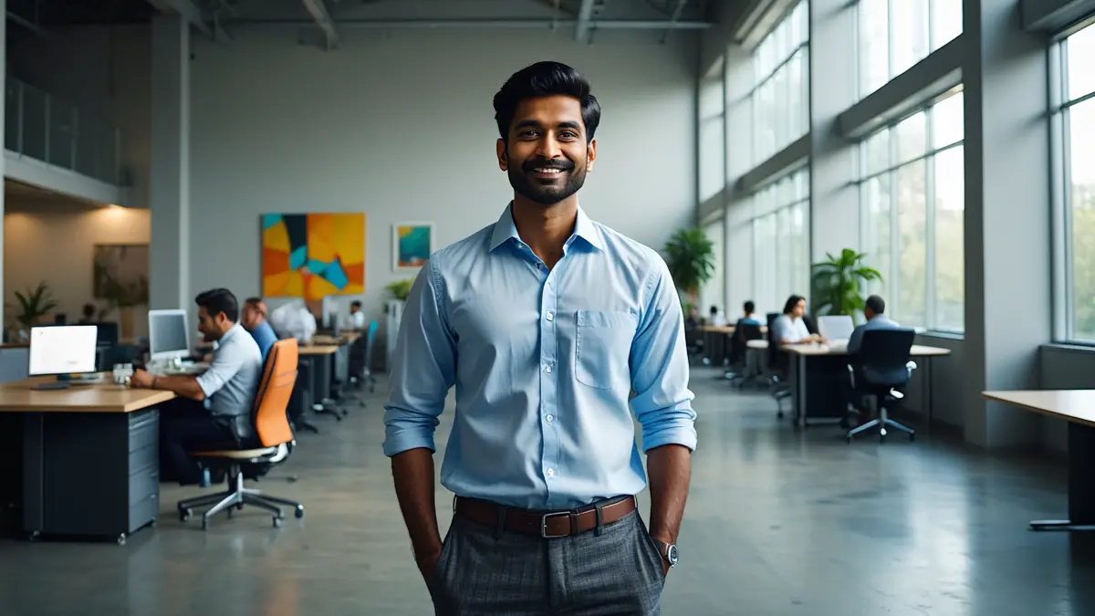 Person working on laptop with calm expression, symbolizing work-life balance and job happiness
